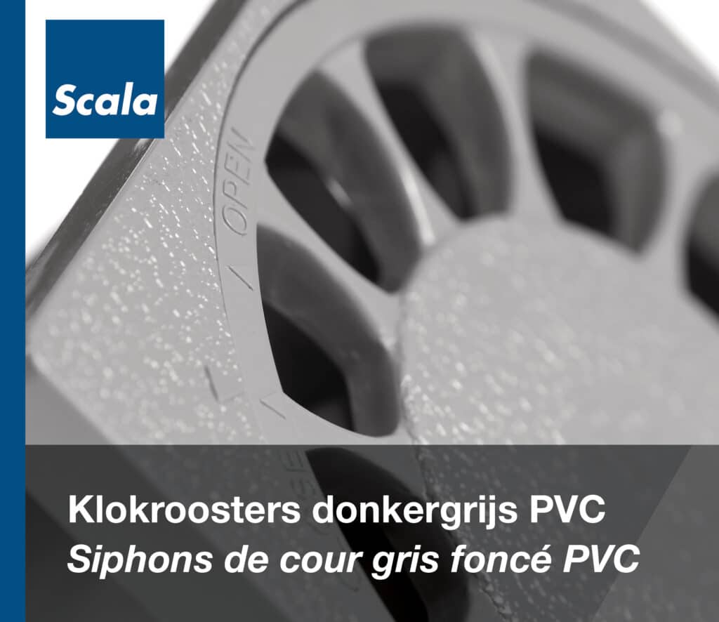 Klokroosters: Klokrooster donkergrijs PVC / Siphons de cour : Siphon de cour gris foncé PVC