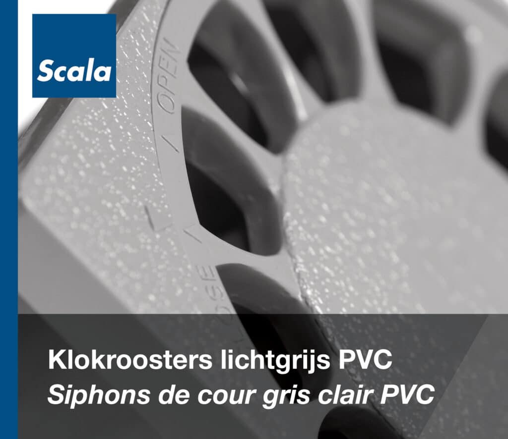 Klokroosters: Klokrooster lichtgrijs PVC / Siphons de cour : Siphon de cour gris clair PVC